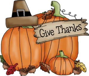 Graphic of three pumpkins and the words 'give thanks'.