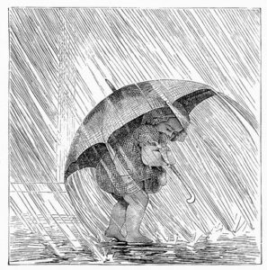 Image of the painting 'Caught In The Rain'. It shows a little girl under an umbrella in the rain protecting her doll.