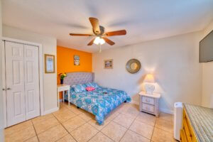 A cheery bedroom at a vacation rental..