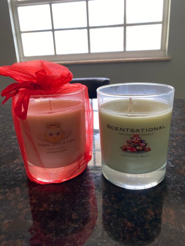 Two soy candles with Christmas Spirit scent.
