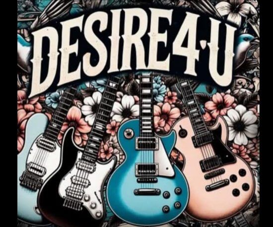 Five colorful electric guitars in a row with vibrant floral and bird background, topped by “DESIRE4-U” band name.