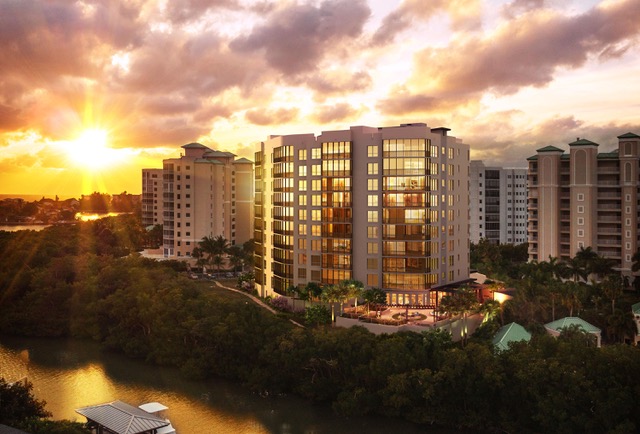 Grandview at Bay Beach residences seen at sunset.