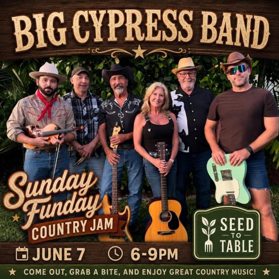 Six‑member country band posing outdoors with instruments, promoting a June 7 Sunday Funday Country Jam at Seed to Table.