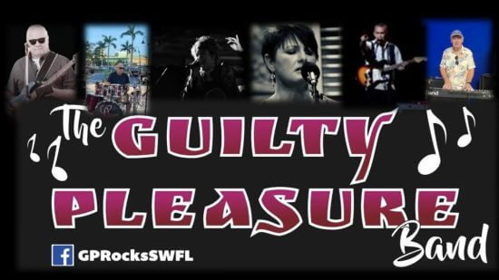 Collage of six musicians performing with instruments around the bold logo ‘The Guilty Pleasure Band’ on a black background, with a Facebook handle ‘GPRocksSWFL’ in the corner.
