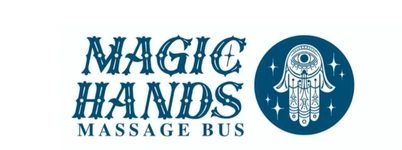 Magic Hands Massage Bus logo with stylized text and a circular Hamsa-style hand symbol with stars.