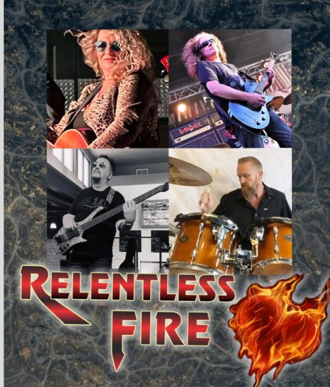 Promotional collage for Relentless Fire band with four musicians and bold red-yellow logo over a lava-like background.