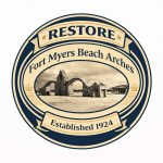 Restore Fort Myers Beach Arches” logo with vintage photo of stone arches and pavilion, established 1924.