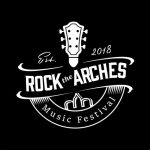 Black‑and‑white ‘Rock the Arches’ music festival logo featuring a guitar headstock above bold text and three stylized arches