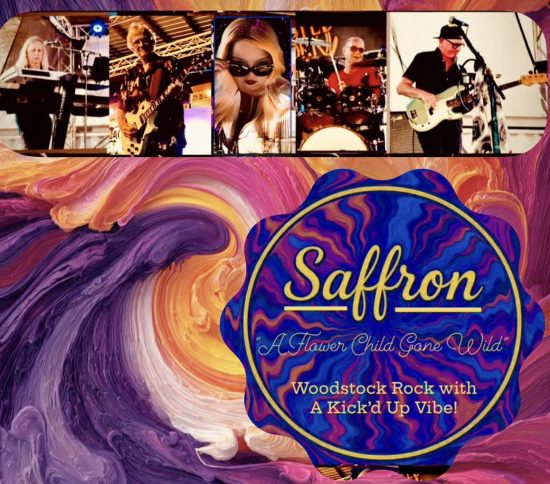 Psychedelic promo for Saffron band with member photos and tagline: “A Flower Child Gone Wild.”
