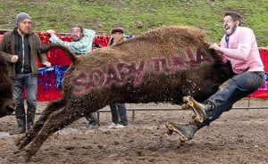 The band members of Soapy Tuna bullfighting.