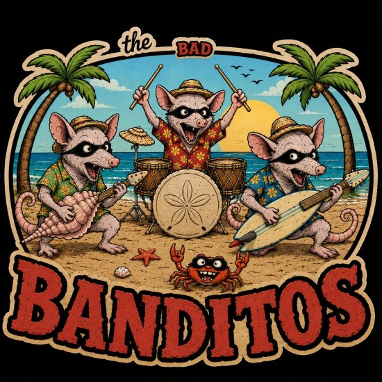 Cartoon raccoons in Hawaiian shirts play beach instruments at sunset, with a small masked crab dancing in front of them.