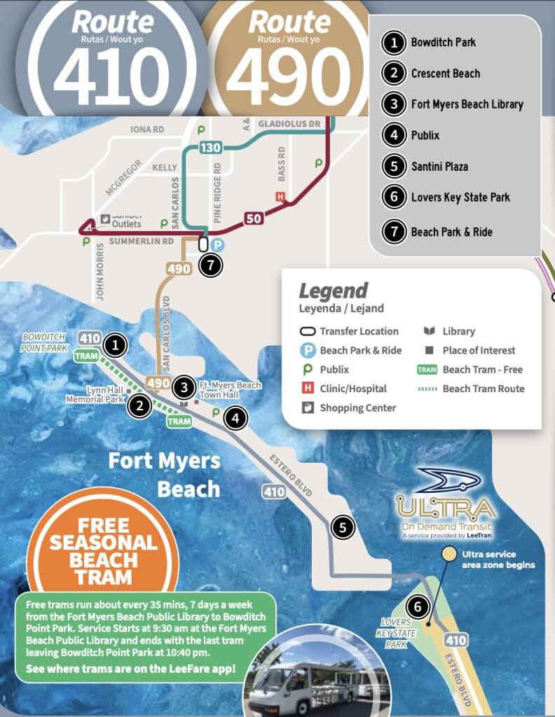 Map of the Fort Myers Beach Tram and Trolley routes.