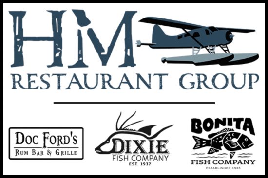 HM Restaurant Group logo with seaplane above and three seafood restaurant logos below.