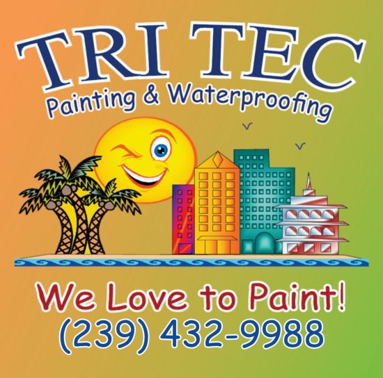 Colorful TRI TEC Painting logo with buildings, palm trees, sun, slogan, and contact number.