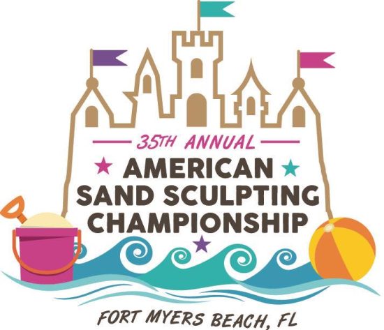 35th Annual American Sand Sculpting Championship" in Fort Myers Beach, FL. The design features a stylized sandcastle with colorful flags, a beach pail and shovel on the left, a beach ball on the right, and ocean waves below. The event name is prominently centered in bold text.