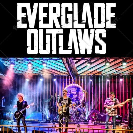 Rock band Everglade Outlaws performing live on stage with vibrant lighting and energetic atmosphere.