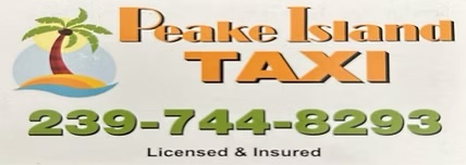Logo for Peake Island Taxi featuring a palm tree on a small island. The text reads ‘Peake Island Taxi’ with the phone number 239-744-8293. Below, it states ‘Licensed & Insured.’ The design uses bright orange and green colors for a tropical, friendly look.