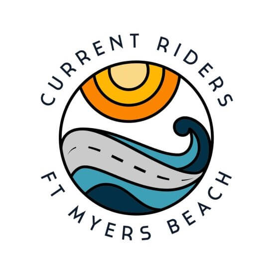 Current Riders Circular logo for "Current Riders Ft. Myers Beach" featuring a stylized sun, curved road, and ocean waves, evoking coastal travel and adventure.