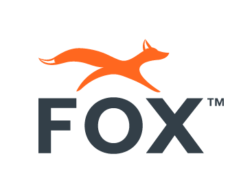 Orange fox leaping over bold dark gray “FOX” text with trademark symbol.