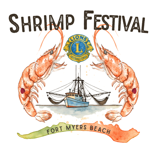 Colorful Shrimp Festival logo with two shrimp, a fishing boat, and Lions International emblem over Fort Myers Beach.