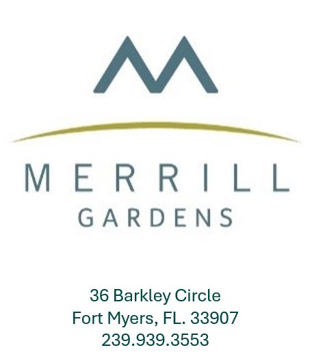 Stylized blue “M” above green curve with “Merrill Gardens” text and Fort Myers contact info.
