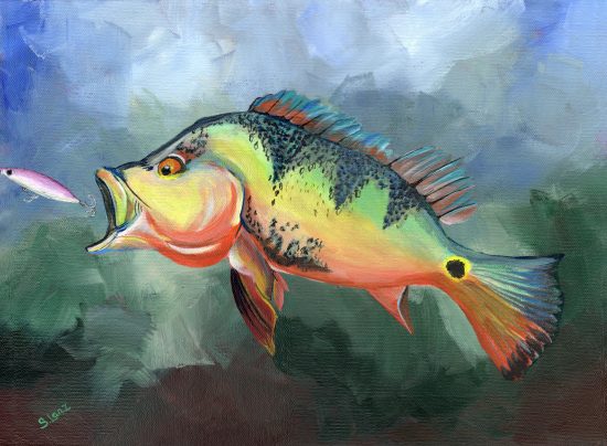 Colorful fish lunging toward a pink fishing lure in an abstract underwater scene.