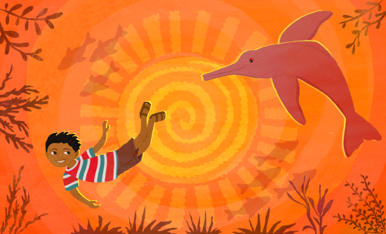 Smiling boy swims underwater beside a friendly ichthyosaur, surrounded by fish and glowing orange light.