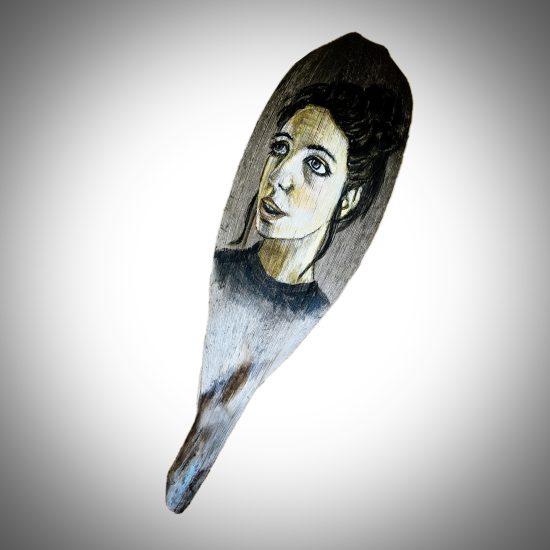 Portrait of a contemplative person painted on a piece of driftwood, featuring large expressive eyes and muted earthy tones.