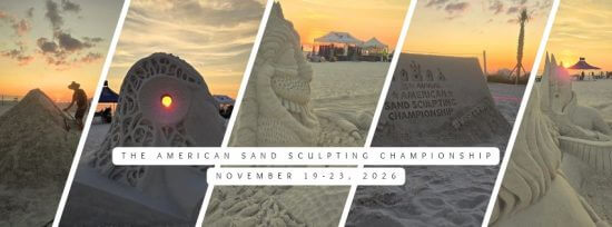 Five-panel banner showing detailed sand sculptures and sunset beach scenes promoting the American Sand Sculpting Championship.