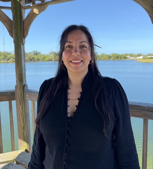 Person standing on a wooden gazebo overlooking a calm lake with trees and a clear blue sky in the background.
