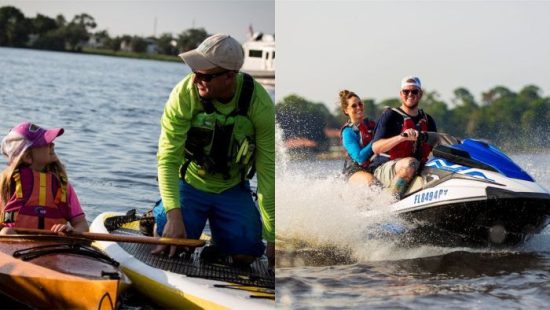 Child kayaking with an adult on calm water; nearby, two riders speed across the water on a jet ski.
