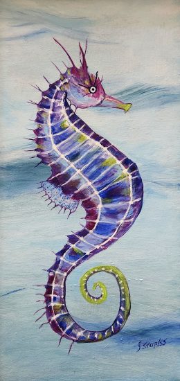 Colorful painted seahorse in purples, blues, and greens against a soft light‑blue background.