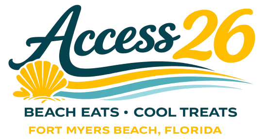 Stylized “Access 26” logo with seashell and wave lines, reading “Beach Eats • Cool Treats, Fort Myers Beach, Florida.”