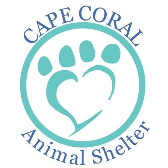 Cape Coral Animal Shelter logo with teal circle, heart‑shaped paw print, and blue text.