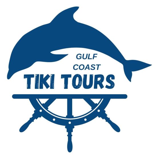 Gulf Coast Tiki Tours Blue dolphin leaping over a ship’s wheel with the text “Gulf Coast Tiki Tours.”