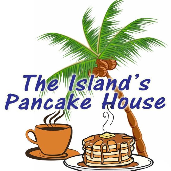 The Island’s Pancake House Palm tree with coconuts beside pancakes and a steaming coffee cup above the text “The Island’s Pancake House.”