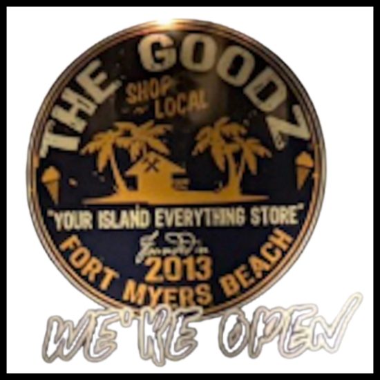 The Goodz Circular island‑themed logo with palm trees and a hut, reading “The Goodz – Shop Local – Fort Myers Beach – 2013.”