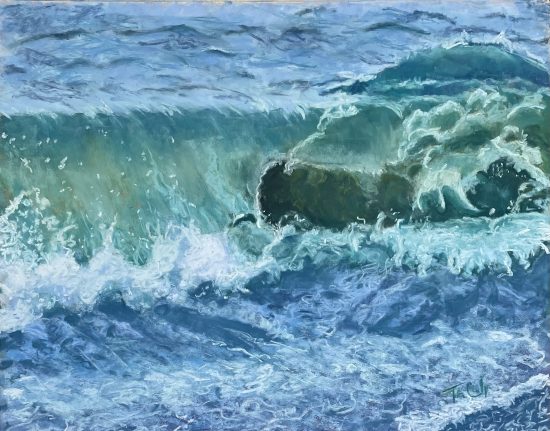 Painting of a curling ocean wave in shades of blue, turquoise, and white.