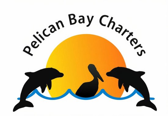 "Pelican Bay Charters logo: two dolphins and pelican silhouette against orange sunset with 'Pelican Bay Charters' arched above in black on white background.