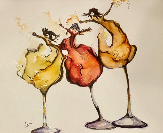 Watercolor of three abstract dancing glass‑shaped figures in warm yellow, orange, and red, signed “Nanci.”