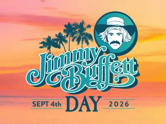 Jimmy Buffett Day 2026 event poster with tropical sunset, palm trees, and his portrait logo celebrating September 4th.