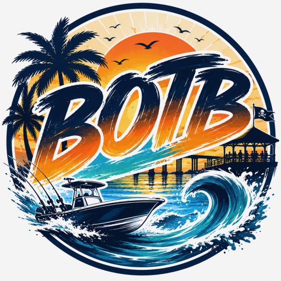 Circular BOTB logo featuring tropical sunset, palm trees, fishing boat on waves, pier with pirate flag - nautical beach theme