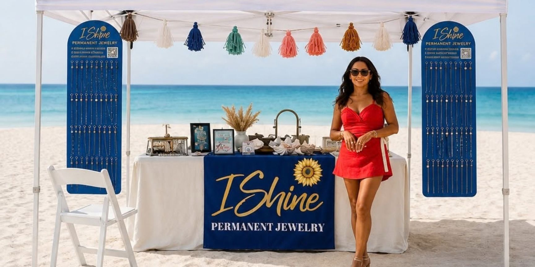 Woman in red dress stands at I Shine permanent jewelry beach booth with ocean backdrop and blue display signs on sandy shore.
