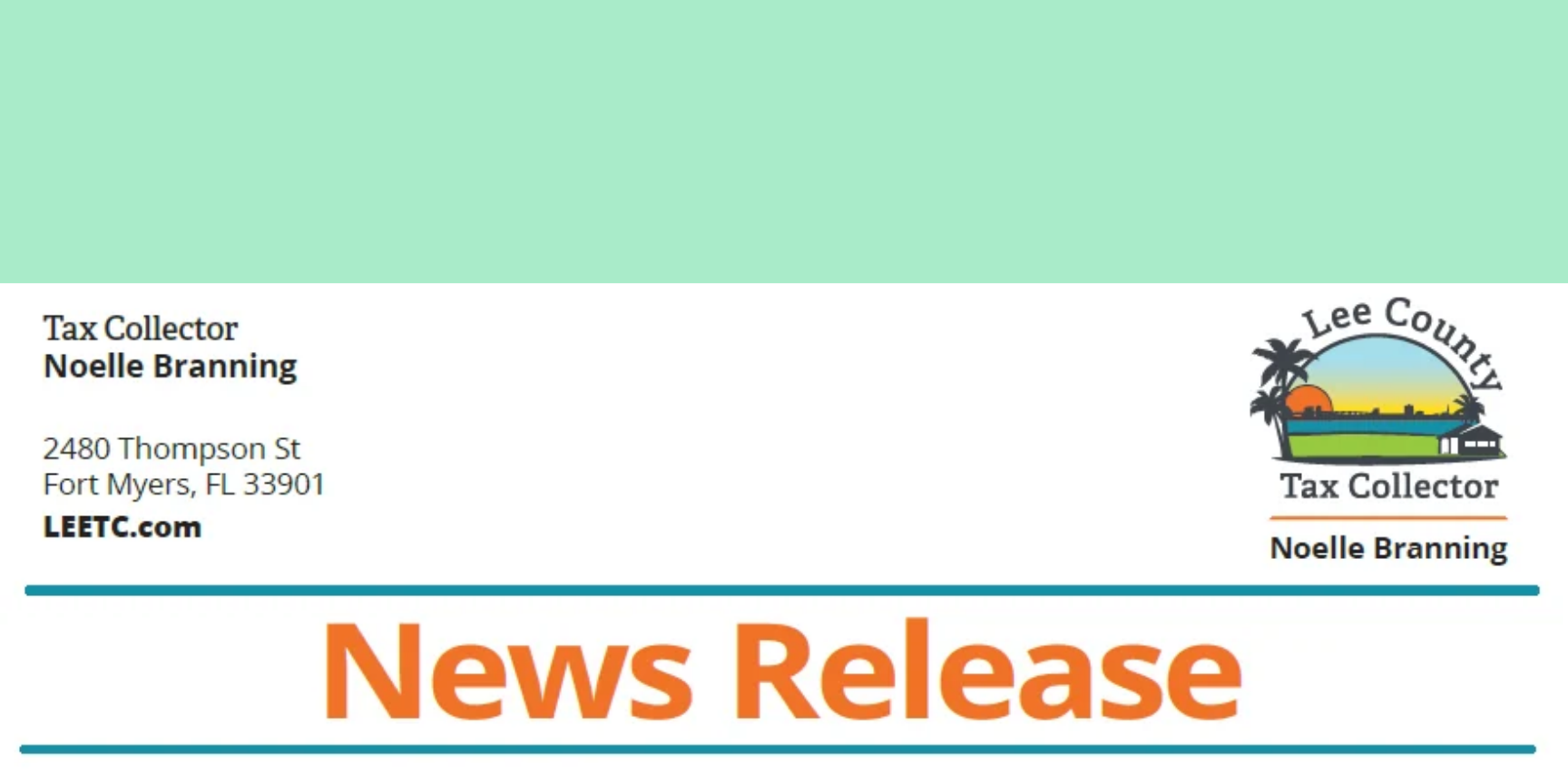 lee-tax-collect-news-release-for-blog Lee County Tax Collector header with Noelle Branning, address, logo featuring palm trees and sunrise, and "News Release" banner.